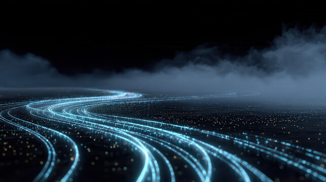 Glowing blue light trails flowing through a dark cityscape
