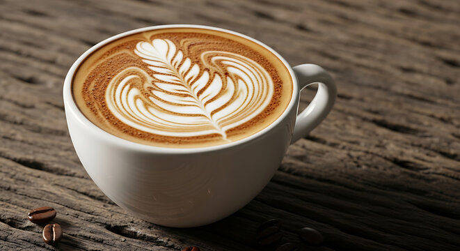 A close up of a white cup filled with latte art on a wooden surface with coffee beans nearby