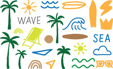 Whimsical hand drawn summer beach vacation elements collection with palm trees surfboards sun and waves