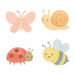 Cute Garden Insects Set Bee, Butterfly, Snail, Ladybug. Vector Illustration. AI Generative