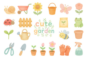 Cute garden vector set with tools, flowers, insects and plants, AI generated.