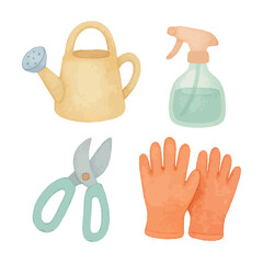 Cute Gardening Tools Set with Gloves and Watering Can. Vector Illustration. AI Generative