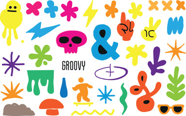 Whimsical hand drawn summer beach vacation elements collection with palm trees surfboards sun and waves