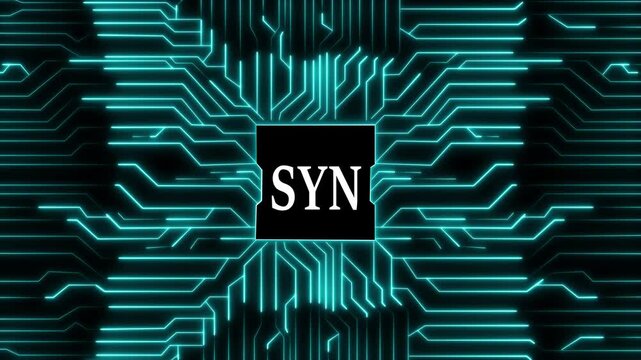 The digital syn concept showcases a glowing blue circuit board pattern, symbolizing technology, connectivity, and data flow, with the word syn prominently displayed in the center of the design