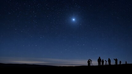 A group of astronomers with telescopes observe a bright star and a vast star filled night sky