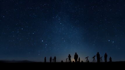 Fototapeta premium Silhouetted figures with telescopes observing a vast star filled night sky