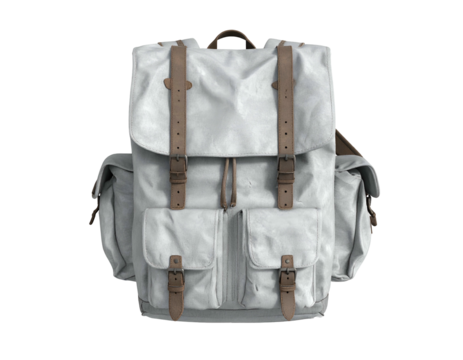 Textured white canvas backpack with leather straps and buckles