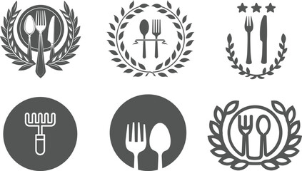 Set of fork, knife, spoon. Logotype menu. Set in flat style. Silhouette of cutlery. Vector illustration. Food icon. Fork knife spoon sign set. Plate symbol. Breakfast lunch dinner icon. Menu sign.