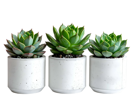 Three green succulents in white pots against black