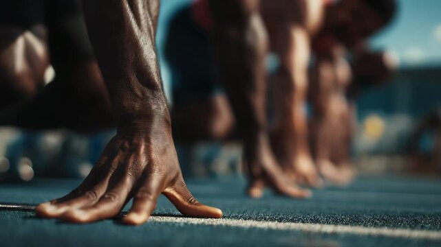 Athlete Runner Sprinter Preparing at Starting Line in Close Up Position Sport Lifestyle Video Motion