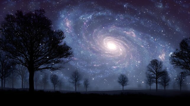 A surreal landscape featuring silhouetted trees against a vibrant swirling galaxy and starry night sky