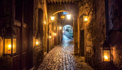 Narrow cobblestone street, illuminated by lanterns, curving towards an archway in a quaint old town at nighttime