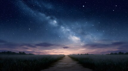 Fototapeta premium A winding dirt path leads through a grassy field towards a breathtaking twilight sky filled with stars and the majestic Milky Way galaxy