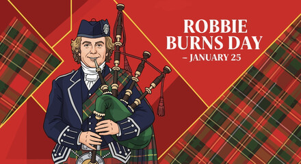 Robbie Burns Day Celebration with Bagpiper and Tartan Design.