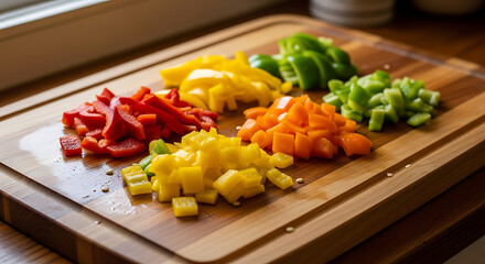 Colorful bell peppers diced and sliced on a wooden cutting board in a kitchen setting with natural light