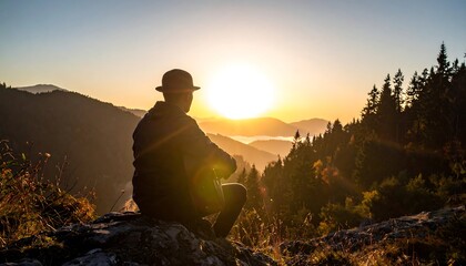 Person in hat sits atop a rocky peak, silhouetted against a vibrant sunrise over forested mountains
