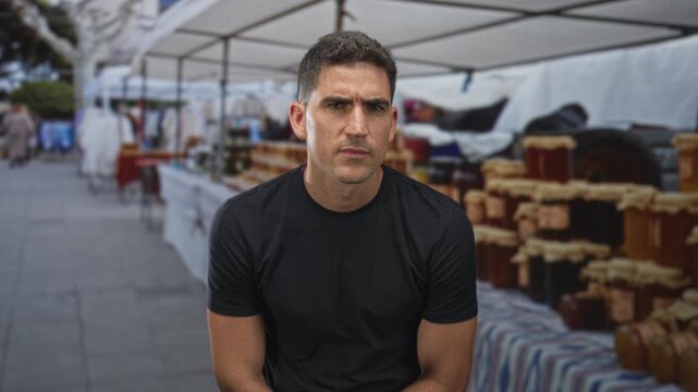 Man sitting at street market stall amid rows of preserve jars and striped tablecloth, facing camera; quiet contemplation.