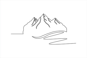 Mountain landscape with winding river, continuous line drawing