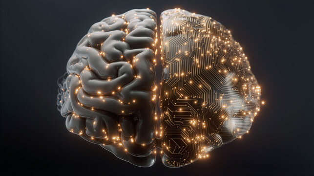 Futuristic brain design featuring organic matter and circuit patterns with glowing elements