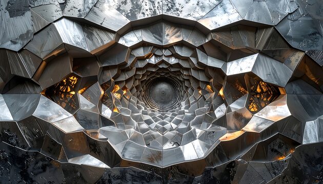 Metallic honeycomb tunnel abstract repeating pattern leading to a central point with faint golden light behind