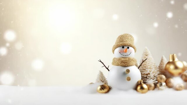 Snowman adorned with golden accessories stands cheerfully in a winter wonderland, with a gentle camera zoom enhancing the festive atmosphere
