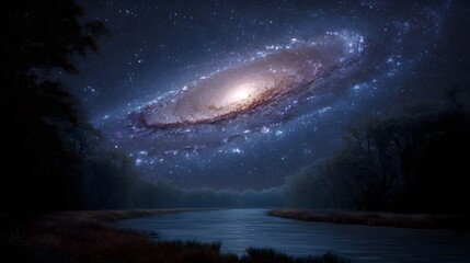 Fototapeta premium A majestic galaxy illuminates the night sky above a tranquil river and forest landscape