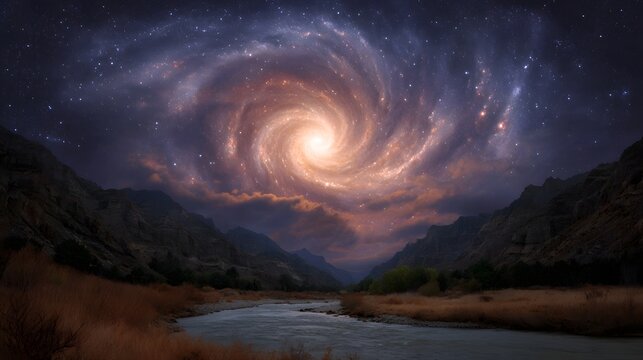 A majestic spiral galaxy illuminates a dramatic mountain valley with a river under the starry night sky