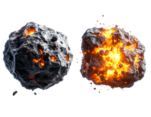 Two rocky celestial bodies, one smoldering, one infernal