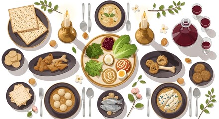 Symbolic holiday meal with seder plate matzah and wine flat lay illustration