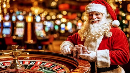 Santa Claus joyfully presents poker chips at a roulette table in a festive casino, showcasing holiday spirit and excitement in a vibrant atmosphere