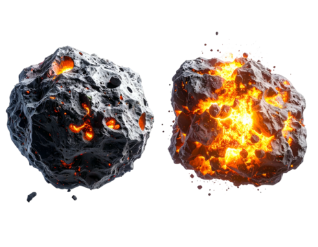 Two rocky celestial bodies, one smoldering, one infernal