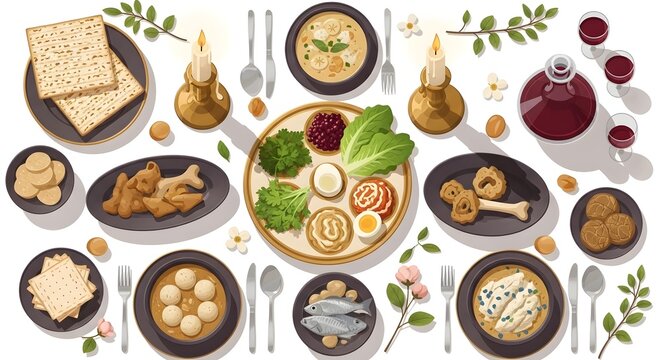 Symbolic holiday meal with seder plate matzah and wine flat lay illustration