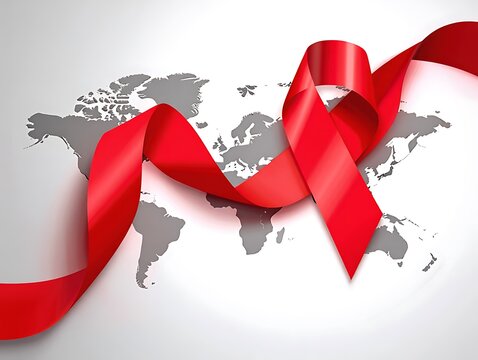 Red ribbon draped over world map global awareness
