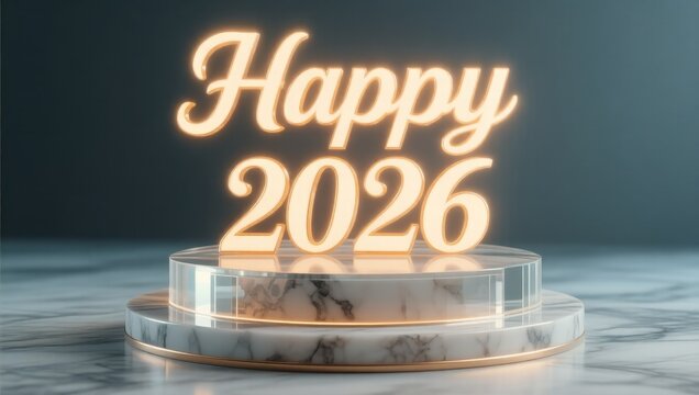 Happy new year sign is lit up in a dark background with word Happy 2026