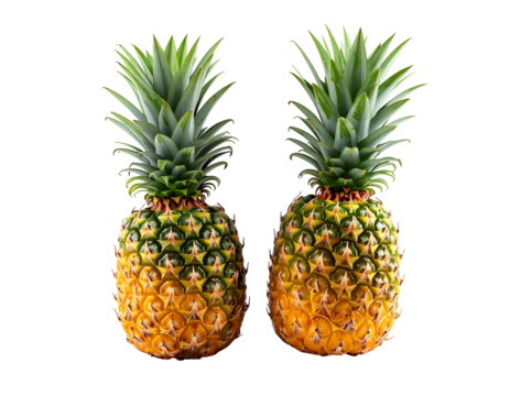 Two whole pineapples with green leafy tops