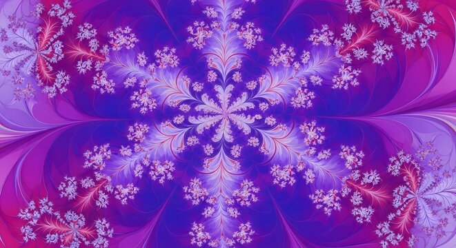 Fractal symmetry design of vibrant purple shades shows kaleidoscope floral flower shape artwork - Powered by Adobe