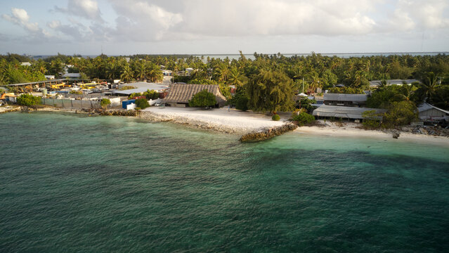 An aerial view of the island of Kiribati in the central Pacific Ocean.