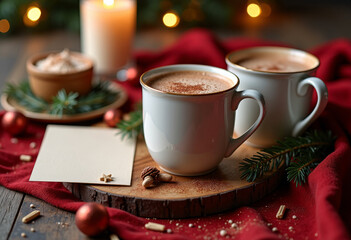 Romantic Christmas card beside two mugs of hot cocoa