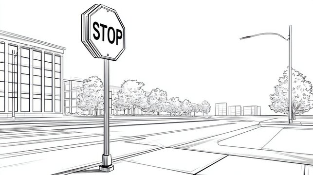 Stop Sign at Urban Intersection with Building and Trees in Background