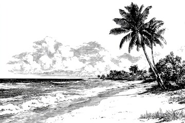 Palm trees line a serene beach with gentle waves under dramatic clouds.