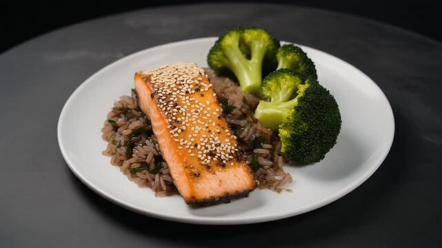 Ofenlachs mit Sesamkruste auf Wildreis und Brokkoli