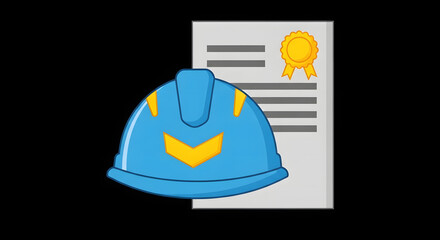 Cartoon Construction Helmet and Certificate of Completion for Skilled Trade Workers, Safety Protocol Certification and Occupational Competence Training Badges