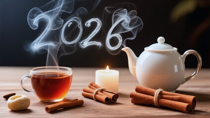 White tea kettle with smoke coming out of it and the number 2026 written in smoke