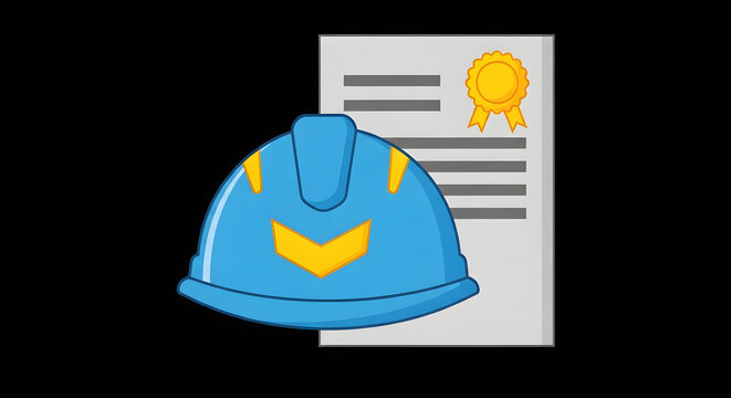 Cartoon Construction Helmet and Certificate of Completion for Skilled Trade Workers, Safety Protocol Certification and Occupational Competence Training Badges