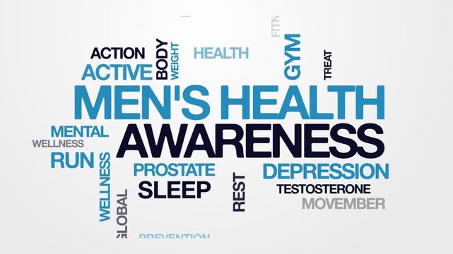 Men's Health Awareness concept Animated Tag Word Cloud kinetic typography, Text Design Animation typography seamless loop video motion graphics Intro, Word Art Looping 4k blue grey type on white bg
