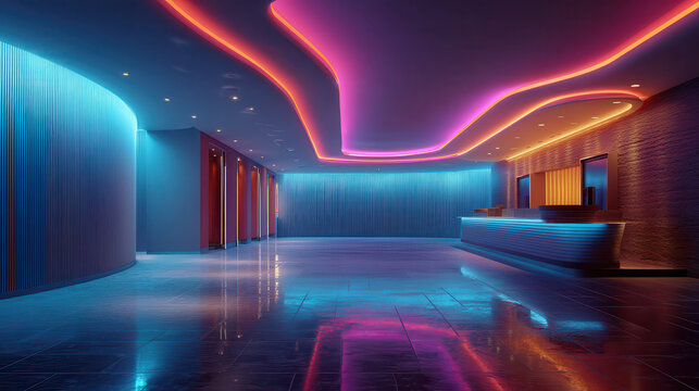 Futuristic interior with neon lights and reflective floor