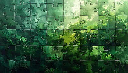 Puzzle of nature. Vivid greens and sunlight pierce tree canopy, a tranquil and complex scene assembled by pieces