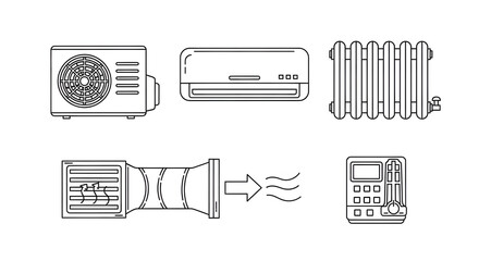 Outlined illustrations showcasing HVAC equipment and components for heating and cooling systems , Diagrammatic outline of air conditioning, heating, and ventilation system equipment