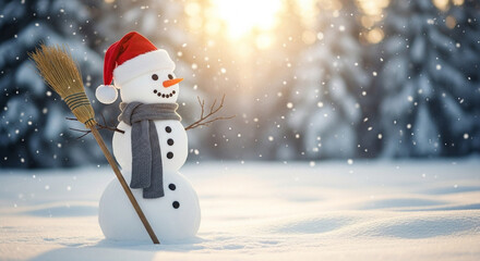 Fototapeta premium Festive Snowman with a Red Hat and Broom Enjoying a Snowy Winter Scene