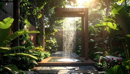 Outdoor shower area with lush tropical foliage and sunlight creating a zen and refreshing atmosphere